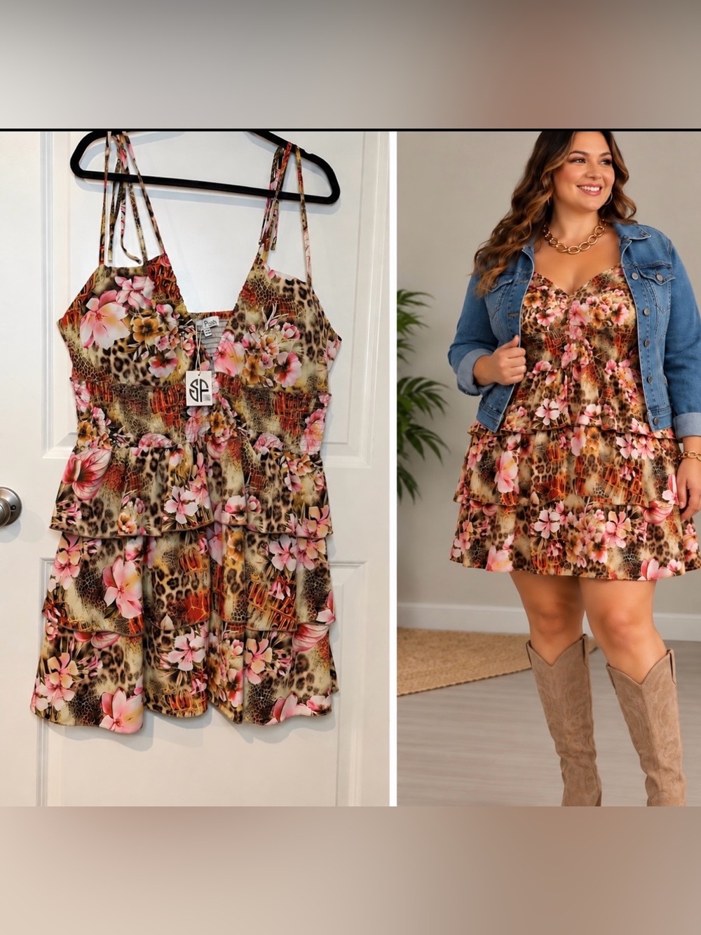 NWT Stitch Fusion Floral Leopard Tiered Ruffle Mini Dress in Pinks/Tans sz 3X